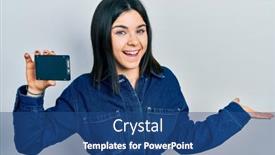  Presentation with achievement - PPT layouts having young-brunette-woman-holding-ssd background and a ocean colored foreground
