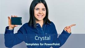  Presentation with memory - Presentation theme featuring young-brunette-woman-holding-ssd background and a ocean colored foreground