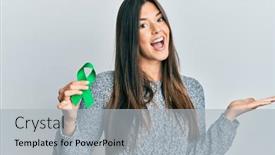  Presentation with ribbon green - Cool new theme with young-brunette-woman-holding-support backdrop and a light gray colored foreground