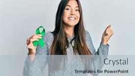  Presentation with ribbon green - Slide deck consisting of young-brunette-woman-holding-support background and a light blue colored foreground