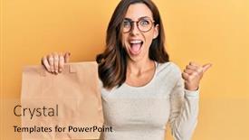  Presentation with take off - Slide deck with young-brunette-woman-holding-take background and a coral colored foreground