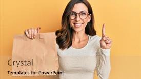  Presentation with paper bag - Amazing PPT theme having young-brunette-woman-holding-take backdrop and a coral colored foreground