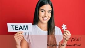  Presentation with puzzle team - Slide deck having young-brunette-woman-holding-team background and a coral colored foreground