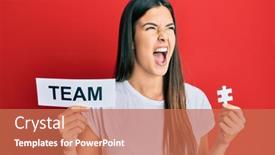  Presentation with puzzle team - Beautiful PPT layouts featuring young-brunette-woman-holding-team backdrop and a coral colored foreground