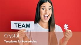  Presentation with puzzle team - Slide deck enhanced with young-brunette-woman-holding-team background and a coral colored foreground