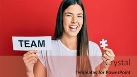  Presentation with puzzle team - Slide deck with young-brunette-woman-holding-team background and a red colored foreground