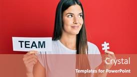  Presentation with puzzle team - Presentation theme enhanced with young-brunette-woman-holding-team background and a coral colored foreground