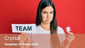  Presentation with puzzle team - Colorful presentation theme enhanced with young-brunette-woman-holding-team backdrop and a coral colored foreground