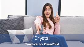  Presentation with television - Slides enhanced with young-brunette-woman-holding-television background and a ocean colored foreground