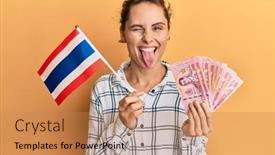  Presentation with thailand - Slide set having young-brunette-woman-holding-thailand background and a coral colored foreground