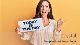  Presentation with today - Slide deck consisting of young-brunette-woman-holding-today background and a coral colored foreground