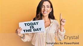  Presentation with today - Audience pleasing PPT theme consisting of young-brunette-woman-holding-today backdrop and a coral colored foreground