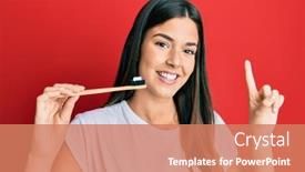  Presentation with toothpaste - Audience pleasing slide deck consisting of young-brunette-woman-holding-toothbrush backdrop and a coral colored foreground