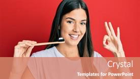  Presentation with toothpaste - PPT layouts having young-brunette-woman-holding-toothbrush background and a coral colored foreground