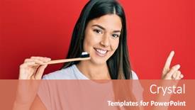  Presentation with toothpaste - PPT layouts featuring young-brunette-woman-holding-toothbrush background and a coral colored foreground