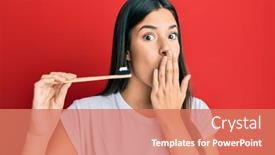  Presentation with toothpaste - Presentation consisting of young-brunette-woman-holding-toothbrush background and a coral colored foreground