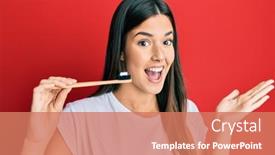  Presentation with toothpaste - Presentation theme consisting of young-brunette-woman-holding-toothbrush background and a coral colored foreground