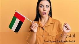  Presentation with united - Presentation theme enhanced with young-brunette-woman-holding-united background and a gold colored foreground