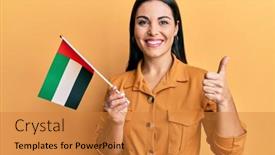  Presentation with emirates - Cool new slide deck with young-brunette-woman-holding-united backdrop and a gold colored foreground