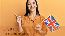  Presentation with united kingdom - Slides featuring young-brunette-woman-holding-united background and a gold colored foreground