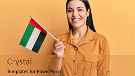  Presentation with united - Slide set featuring young-brunette-woman-holding-united background and a gold colored foreground