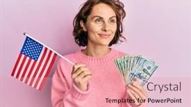  Presentation with united states flag - PPT theme featuring young-brunette-woman-holding-united background and a coral colored foreground