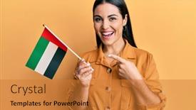  Presentation with united - Slide deck with young-brunette-woman-holding-united background and a gold colored foreground