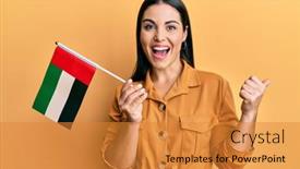  Presentation with united - Beautiful slide deck featuring young-brunette-woman-holding-united backdrop and a gold colored foreground