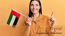  Presentation with united - Beautiful presentation theme featuring young-brunette-woman-holding-united backdrop and a gold colored foreground