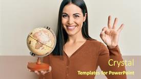  Presentation with woman world - Colorful PPT layouts enhanced with young-brunette-woman-holding-vintage backdrop and a red colored foreground