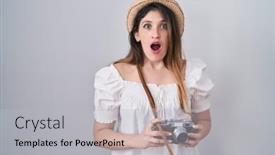  Presentation with vintage - Slides enhanced with young-brunette-woman-holding-vintage background and a light gray colored foreground