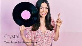  Presentation with vinyl - Slide deck having young-brunette-woman-holding-vinyl background and a coral colored foreground