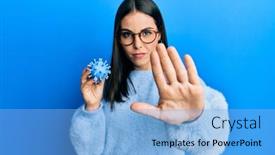  Presentation with virus - PPT layouts enhanced with young-brunette-woman-holding-virus background and a light blue colored foreground
