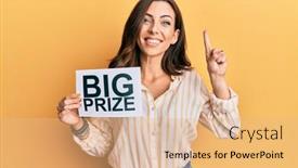  Presentation with prize - Colorful presentation enhanced with young-brunette-woman-holding backdrop and a coral colored foreground