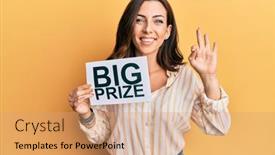  Presentation with prize - Cool new slides with young-brunette-woman-holding backdrop and a coral colored foreground