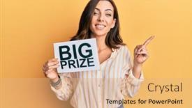  Presentation with prize - PPT theme with young-brunette-woman-holding background and a coral colored foreground