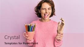  Presentation with wooden - Slide deck with young-brunette-woman-holding background and a coral colored foreground