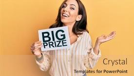  Presentation with prize - PPT theme featuring young-brunette-woman-holding background and a coral colored foreground