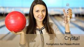  Presentation with bowling - Amazing PPT layouts having young brunette woman holds red ball and bottle with water in bowling club shallow depth of field backdrop and a coral colored foreground