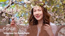 Presentation with park - Colorful presentation design enhanced with young-brunette-woman-in-blossom backdrop and a tawny brown colored foreground