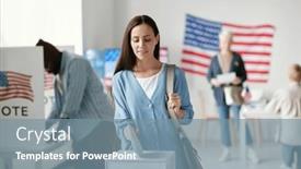  Presentation with voting - Theme featuring young-brunette-woman-in-casualwear background and a seafoam green colored foreground