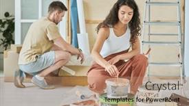  Presentation with paint bucket - Presentation theme with young-brunette-woman-in-coveralls background and a coral colored foreground