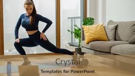  Presentation with blue green - Slides consisting of young-brunette-woman-in-green background and a coral colored foreground