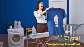  Presentation with ironing - PPT theme enhanced with young-brunette-woman-ironing-holding background and a tawny brown colored foreground