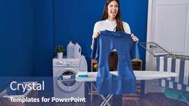  Presentation with laundry room - PPT theme enhanced with young-brunette-woman-ironing-holding background and a ocean colored foreground