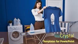  Presentation with ironing - Theme consisting of young-brunette-woman-ironing-holding background and a tawny brown colored foreground