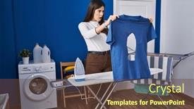  Presentation with ironing - Presentation design featuring young-brunette-woman-ironing-holding background and a tawny brown colored foreground