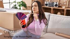  Presentation with new home - PPT theme having young-brunette-woman-moving background and a coral colored foreground