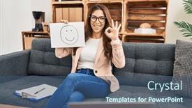  Presentation with friendly - PPT theme with young-brunette-woman-on-therapy background and a ocean colored foreground