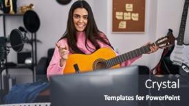  Presentation with music classic - Presentation theme with young-brunette-woman-playing-classic background and a dark gray colored foreground